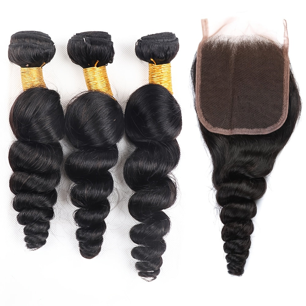 14A Loose Wave Bundles with Closure Human Hair 3 Bundles with 5x5 Lace Closure for Women Free Part 100% Unprocessed Virgin Peruvian Loose Deep Wave Human Hair Weave Bundles with Lace Closure Natural Color